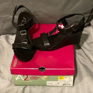 A2 by Aerosoles Black Strappy Wedges